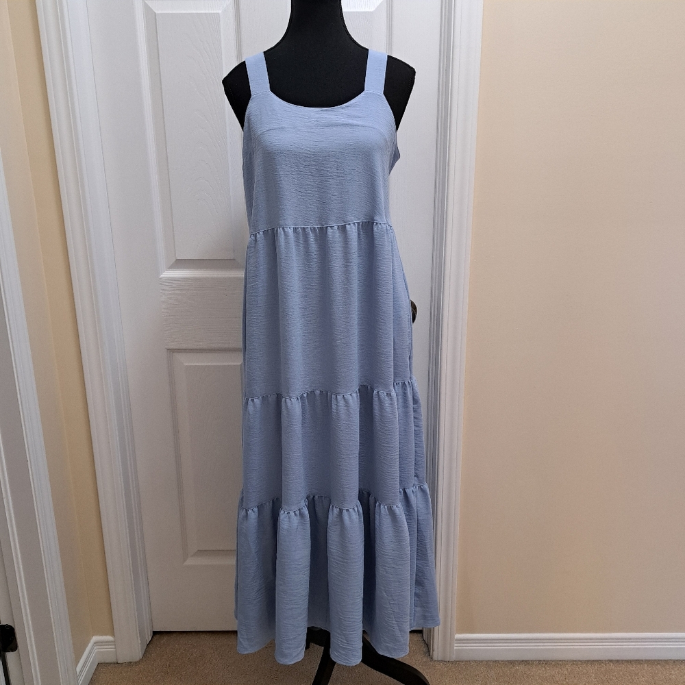 Black Bow Maxi Dress Blue Women's Size Medium Flowy Tiered Boho Chic Vacation